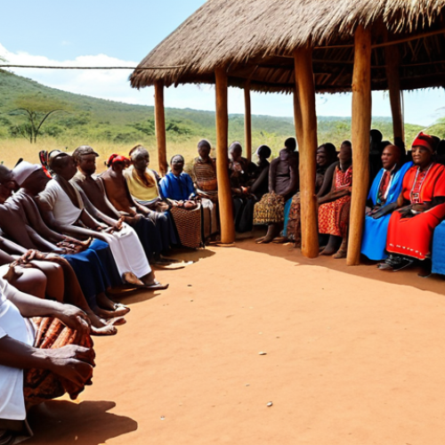 Home 4 **
A vibrant scene in a *sibaya* (traditional enclosure) in Eswatini, featuring an elder telling ancestral stories in siSwati to a group of attentive listeners. The focus is on capturing the storytelling atmosphere and the cultural significance of the event. Warm, earthy tones should dominate the color palette.
**